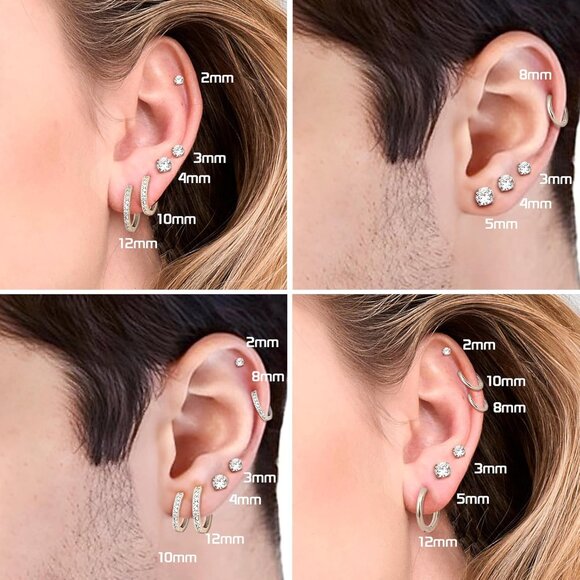10 Pairs Hypoallergenic Surgical Steel Earrings Set for Multiple Piercings, Silv - Picture 6 of 7